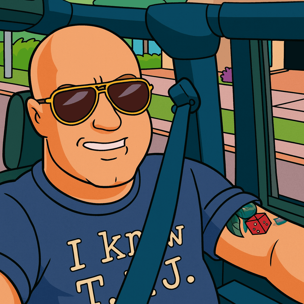 Cartoon portrait of the Toxic Masculinity Racing driver behind the wheel in aviator sunglasses